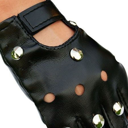 Men Half Finger Biker Driving Faux Leather Gloves Black Punk Fingerless Gloves